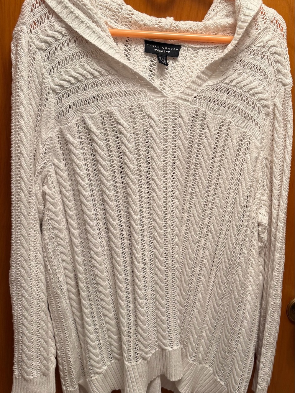 Susan Graver Cream Open-Knit V-Neck Hooded Sweater 1X